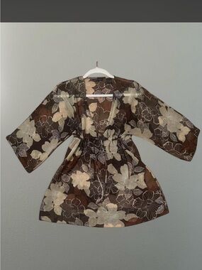 New York & Company Brown and Cream Floral Sheer Kimono